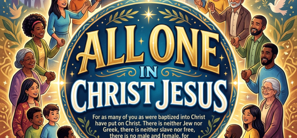 Diverse people holding hands around text reading “ALL ONE IN CHRIST JESUS” and Galatians 3:27–28