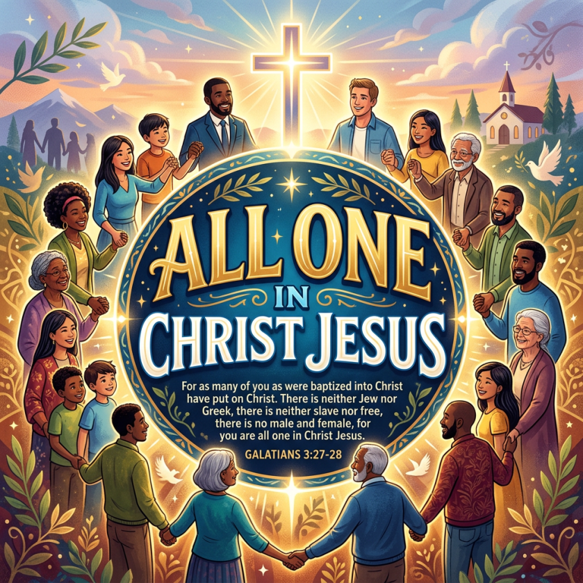 Diverse people holding hands around text reading “ALL ONE IN CHRIST JESUS” and Galatians 3:27–28