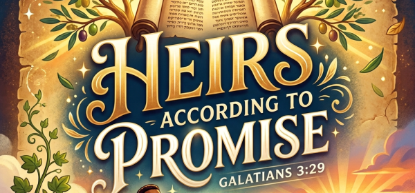 Illustration reading “HEIRS ACCORDING TO PROMISE, GALATIANS 3:29,” with three people beneath olive trees and a heavenly hand holding a ring.