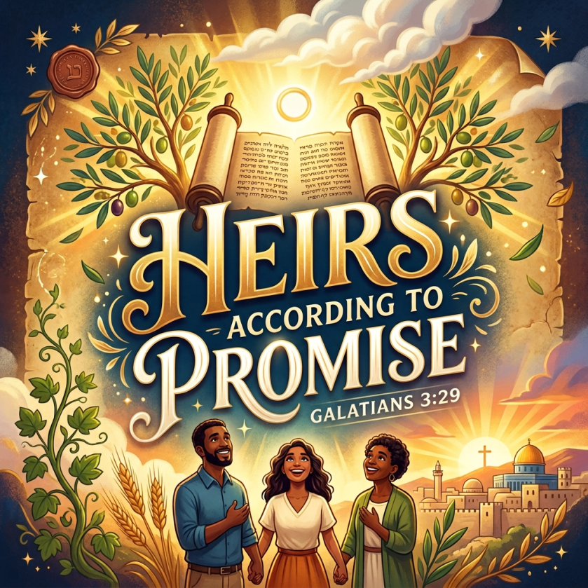 Illustration reading “HEIRS ACCORDING TO PROMISE, GALATIANS 3:29,” with three people beneath olive trees and a heavenly hand holding a ring.