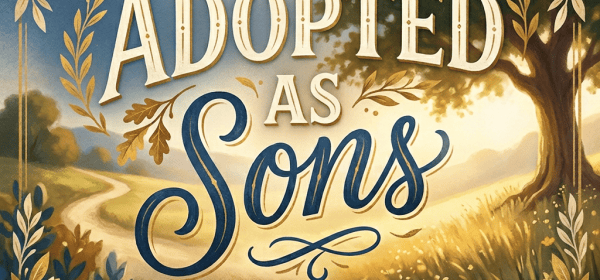 Decorative floral poster reading “ADOPTED AS SONS” and “Heirs of His Grace | Welcomed into the Family of God,” beside a smiling family