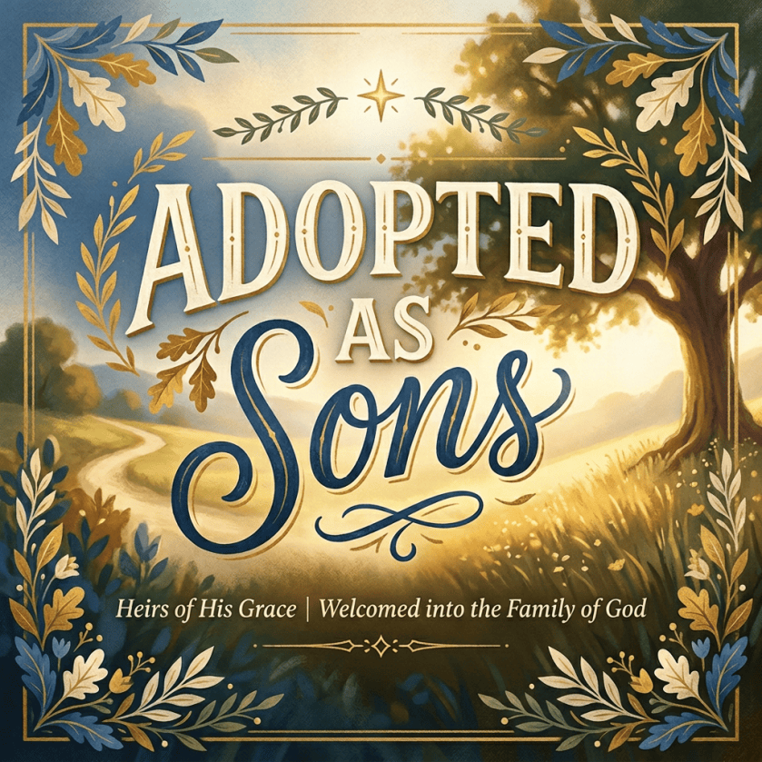 Decorative floral poster reading “ADOPTED AS SONS” and “Heirs of His Grace | Welcomed into the Family of God,” beside a smiling family