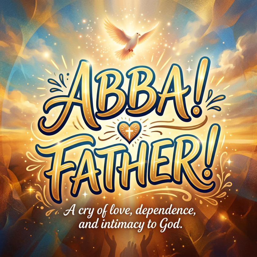 Illustration reading “ABBA! FATHER!” and “A cry of love, dependence, and intimacy to God,” with a dove and heart cross.