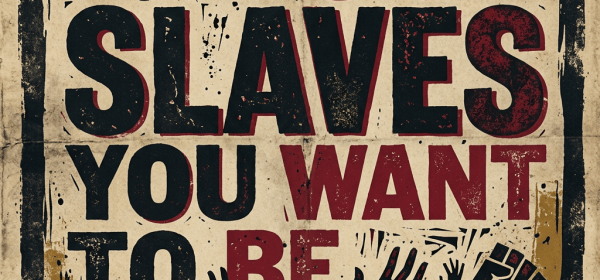 Poster reading “WHOSE SLAVES YOU WANT TO BE” with raised hands and broken chains