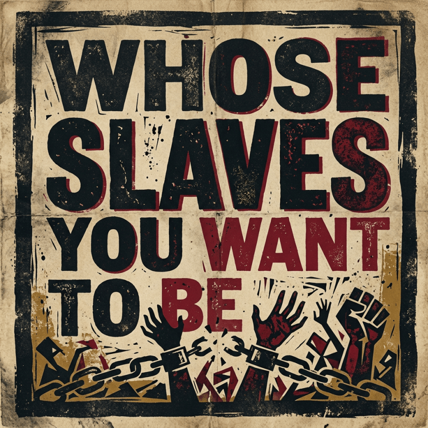 Poster reading “WHOSE SLAVES YOU WANT TO BE” with raised hands and broken chains