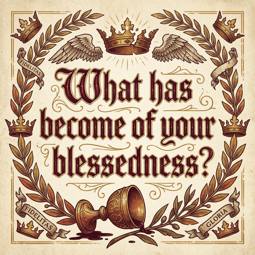 Vintage poster reading “What has become of your blessedness?” with crowns, wings, laurel, and chalice