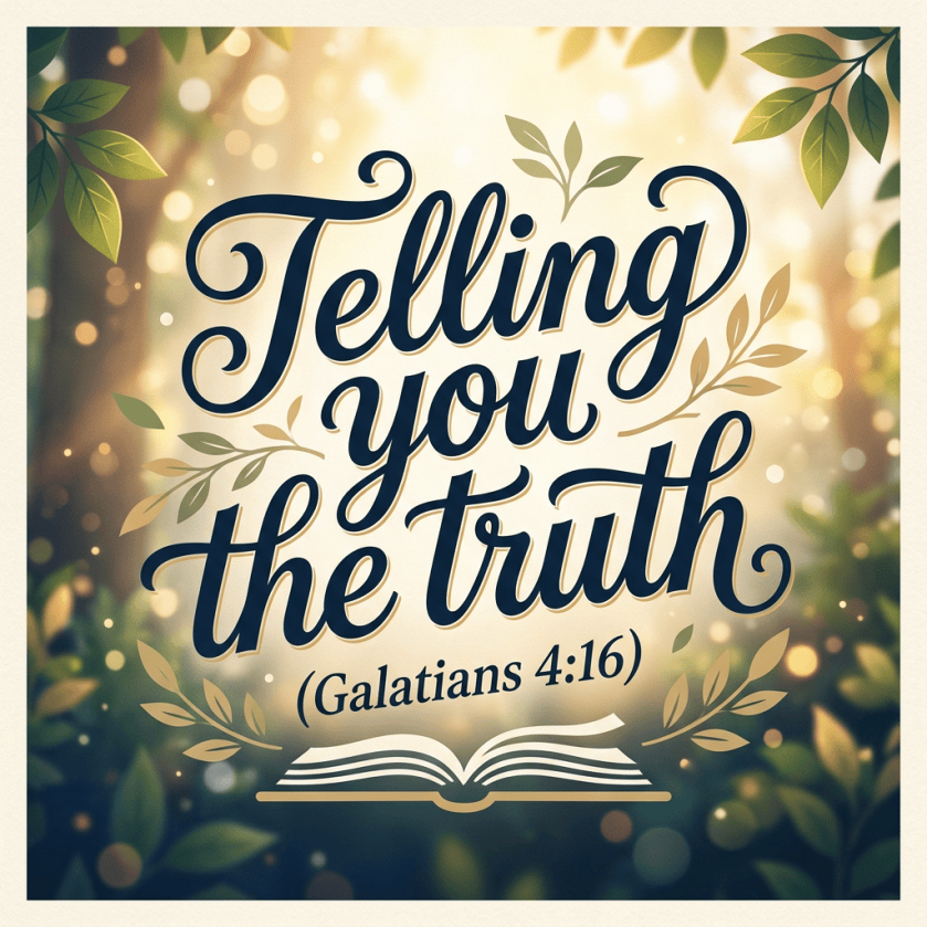 “Telling you the truth” with “Galatians 4:16” above an open Bible