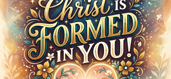“Christ is formed in you!” with a glowing cross and praying figure