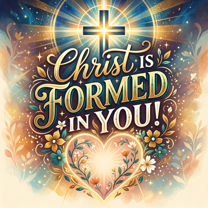 “Christ is formed in you!” with a glowing cross and praying figure